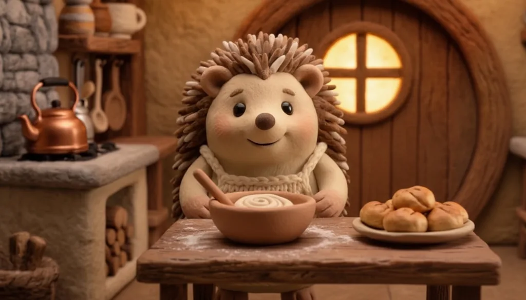 Mam in her kitchen with a mixing bowl and a plate of buns